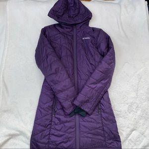 columbia purple long puffer coat